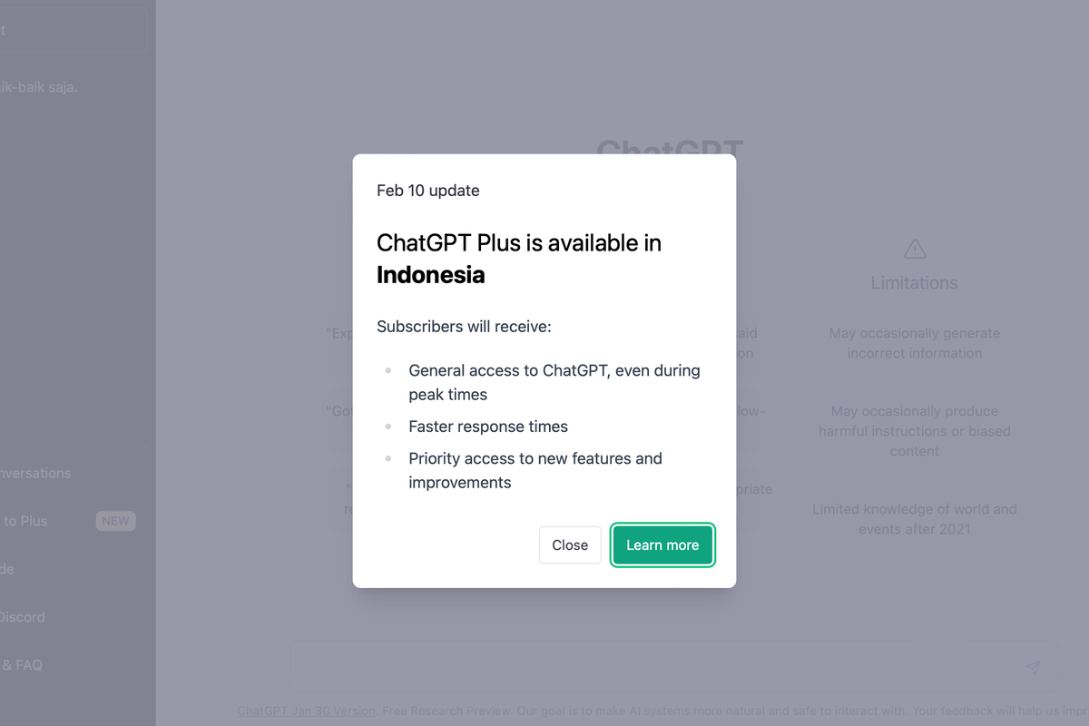 ChatGPT versi berbayar ChatGPT Plus resmi hadir di Indonesia, Senin (13/2/2023) (Kompas.com/Caroline Saskia Tanoto)