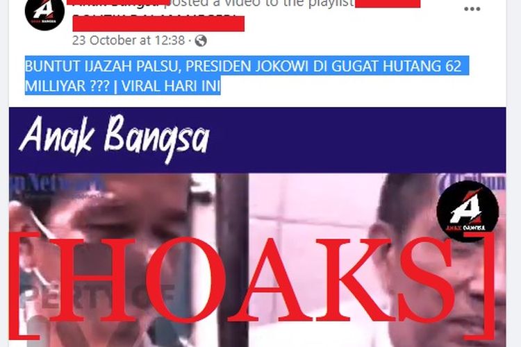 Tangkapan layar Facebook narasi yang menyebut bahwa Presiden Jokowi digugat Rp 62 miliar karena ijazah palsu 