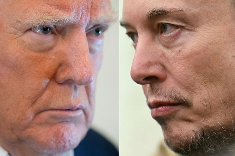 Kolase foto Presiden Amerika Serikat Donald Trump (kiri) saat akan naik pesawat kepresidenan Air Force One pada 4 Mei 2025, dan CEO SpaceX serta Tesla Elon Musk (kanan) ketika berada di Ruang Oval Gedung Putih pada 21 Mei 2025.