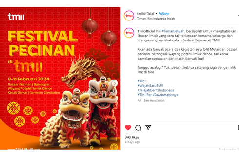 TMII Gelar Festival Pecinan untuk Sambut Imlek pada 8-11 Februari, Ada Pertunjukan Barongsai hingga Tari Kecak