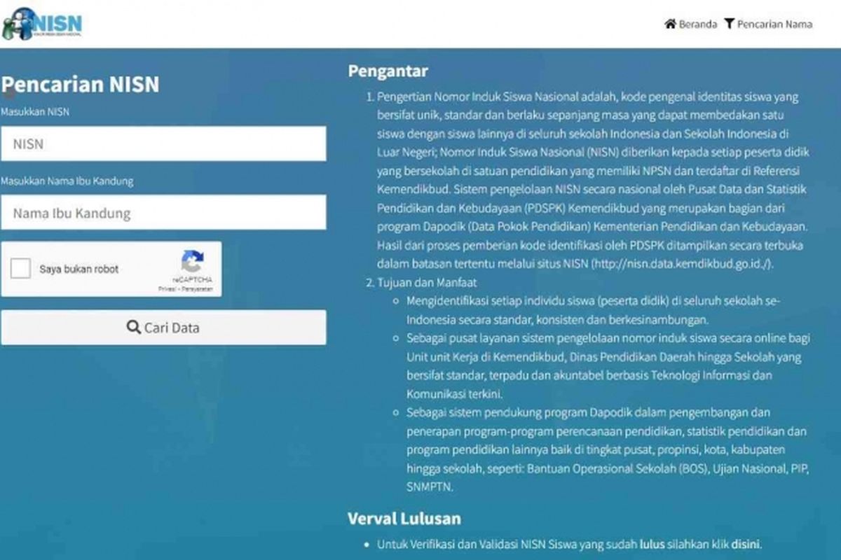 Tangkapan Layar Pencarian NISN