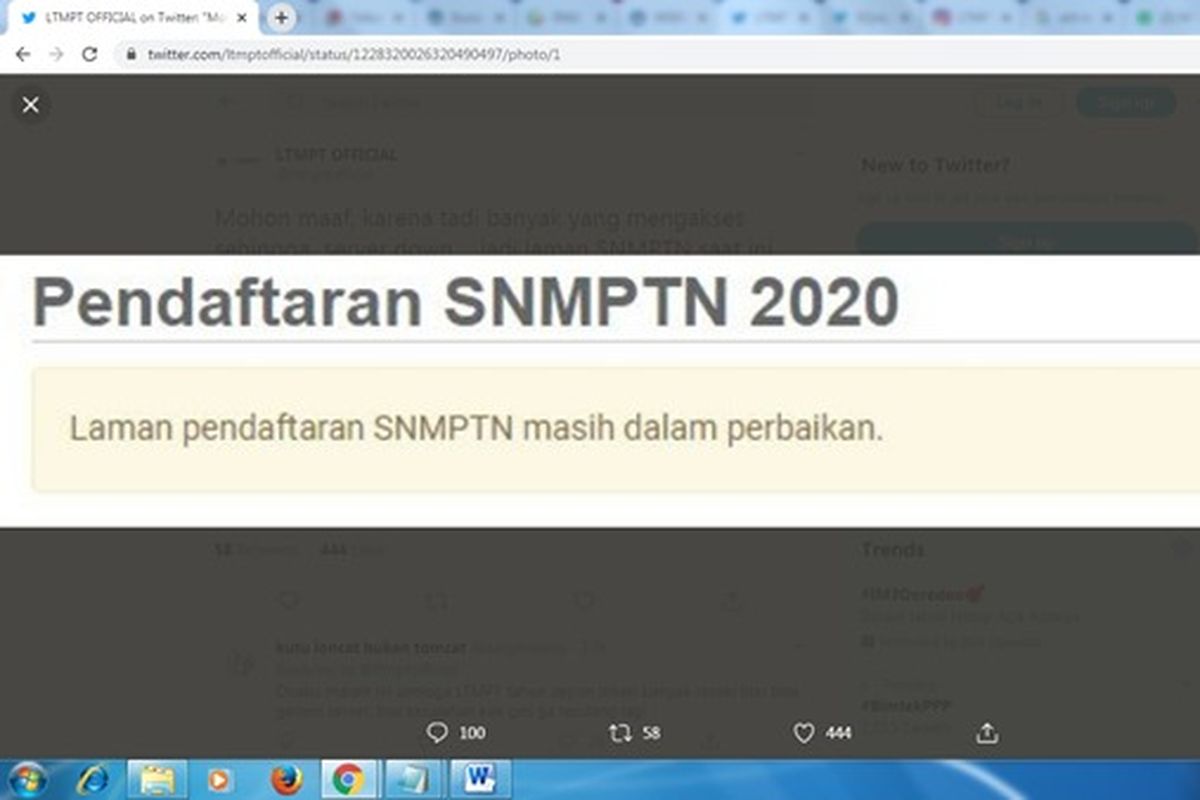 Tangkapan layar akun twitter LTMPT yang memberitahukan bahwa server dalam perbaikan, Jumat (14/2/2020) malam.