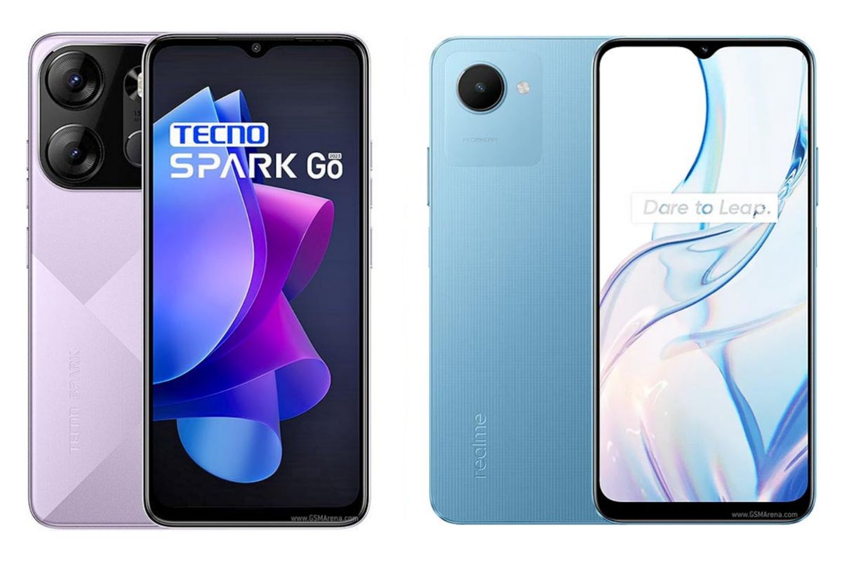 Ilustrasi Tecno Spark Go 2023 (kiri) dan Realme C30s (kanan).