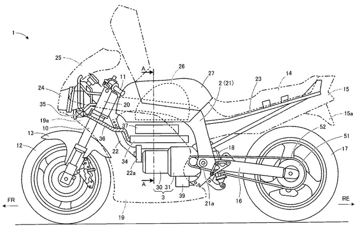 Gambar pematenan produk yang menunjukkan sepeda motor listrik masa depan Suzuki.