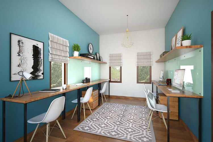 Aksen warna biru untuk ruang kerja di Simple Interior House 2 karya Vivame Design