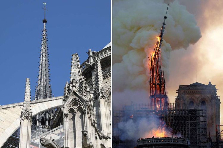 Kombinasi foto menunjukkan menara Gereja Notre Dame di Paris, Perancis, yang diambil pada 26 Juni 2018 (kiri) dan kondisi menara gereja tersebut yang tengah dilalap api pada 15 April 2019. Belum diketahui penyebab pasti kebakaran itu, api dengan cepat melalap atap dan puncak menara gereja bernuansa Gotik yang dibangun pada abad ke-12 itu.