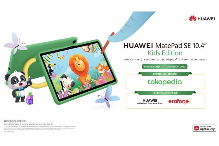 HUAWEI MatePad Kids SE Edition bisa dibeli di Tokopedia, Huawei Authorized Experienced Store, dan Erafone.