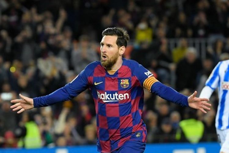 Lionel Messi mencetak gol pada laga Barcelona vs Real Sociedad dalam lanjutan jornada ke-27 Liga Spanyol.