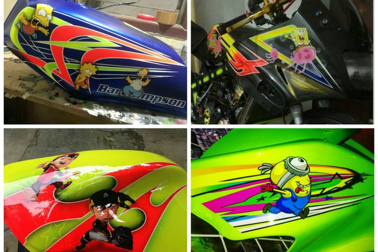 Sejumlah motor sport yang dicorak tokoh kartun. Motif ini banyak diminati. (Foto: dokumentasi R3 painting).