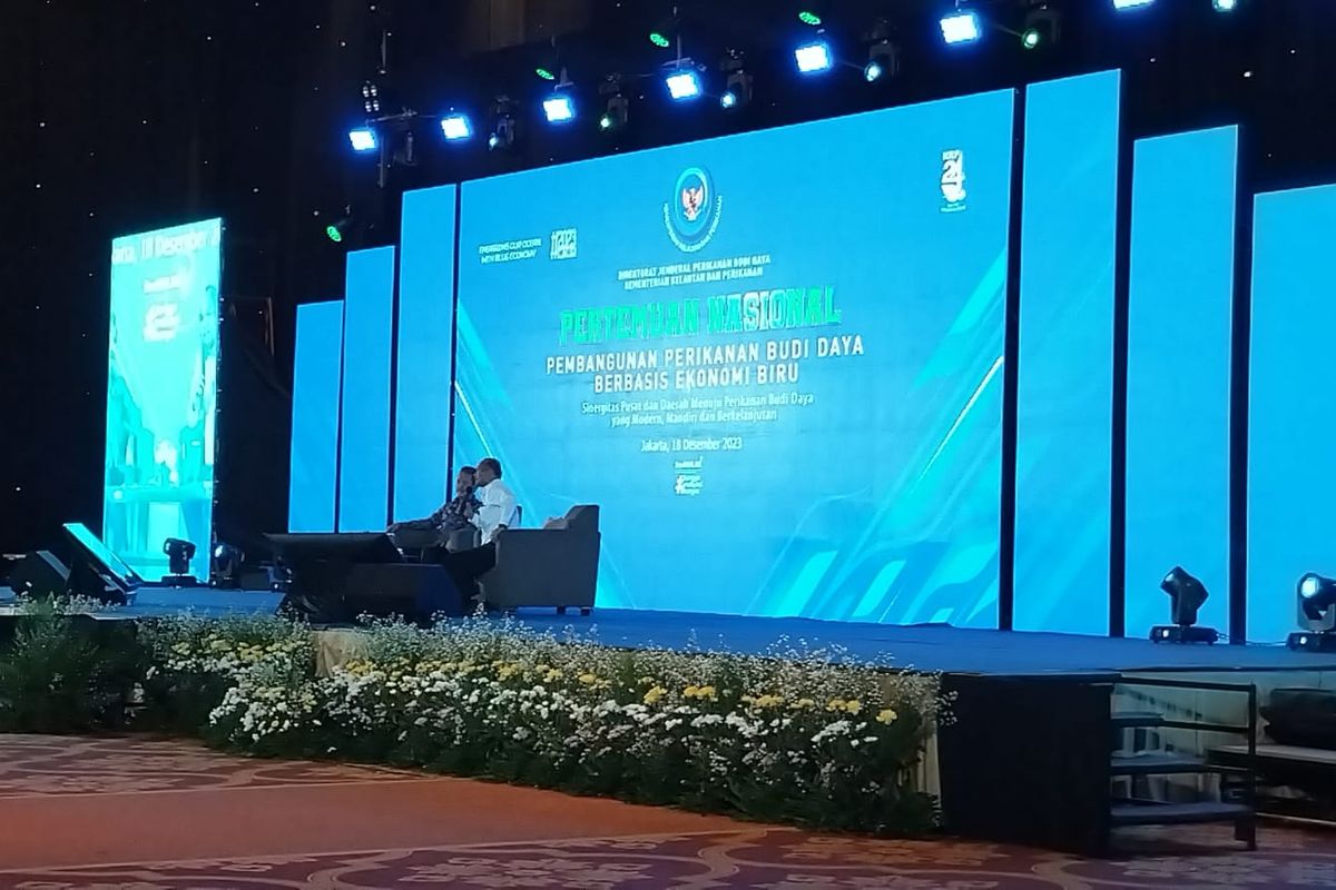 Menteri Kelautan dan Perikanan Sakti Wahyu Trenggono dalam Pertemuan Nasional Pembangunan Perikanan Budi Daya Berbasis Ekonomi Biru di Jakarta, Senin (18/12/2023). 