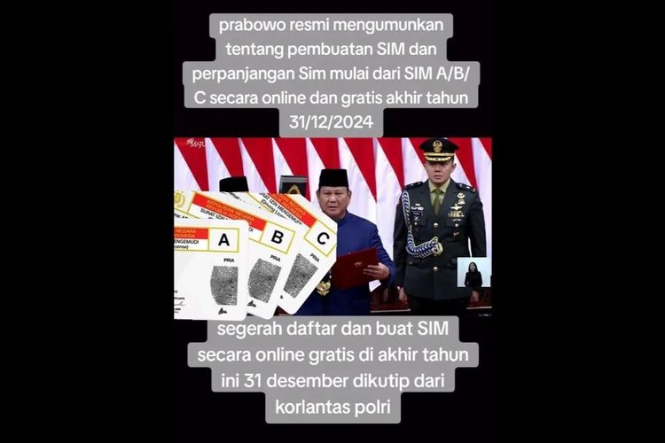 Beredar di media sosial narasi yang mengatakan bahwa biaya pembuatan dan perpanjangan Surat Izin Mengemudi (SIM) disebut gratis. Informasi ini tersebar di media sosial, salah satunya melalui akun Tiktok @media.online34.