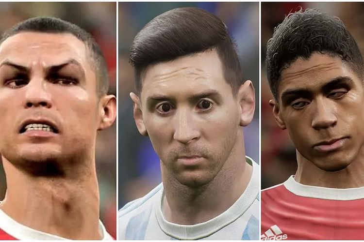 Kolase grafis wajah pemain yang buruk di eFootball 2022. Dari kiri ke kanan: Cristiano Ronaldo, Lionel Messi, Raphael Varane.