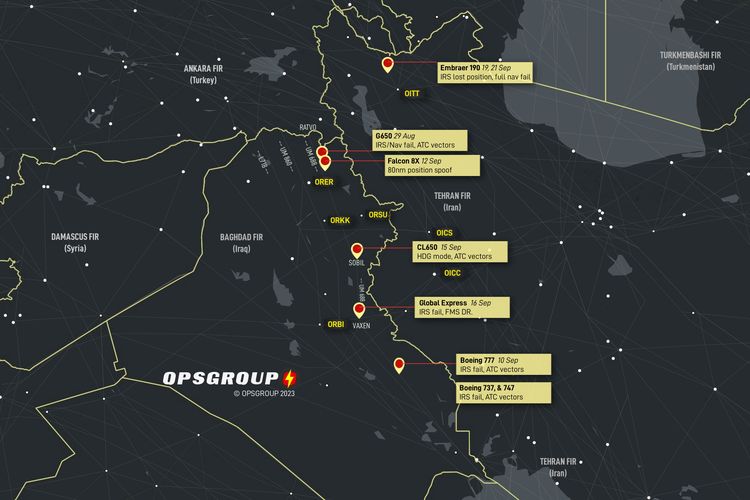 Peta insiden GPS spoofing pesawat yang dilaporkan OpsGroup, di sepanjang perbatasan Irak-Iran.