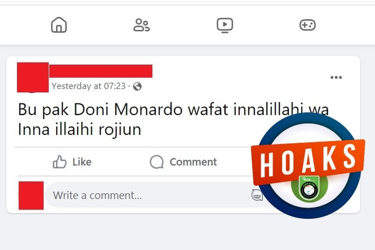 Tangkapan layar Facebook narasi yang menyebut Doni Monardo meninggal