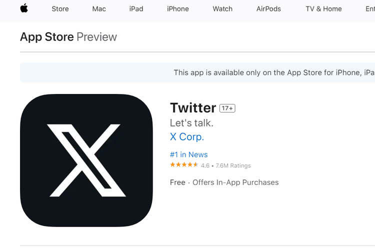 Ilustrasi nama Twitter yang belum diganti menjadi X di App Store.