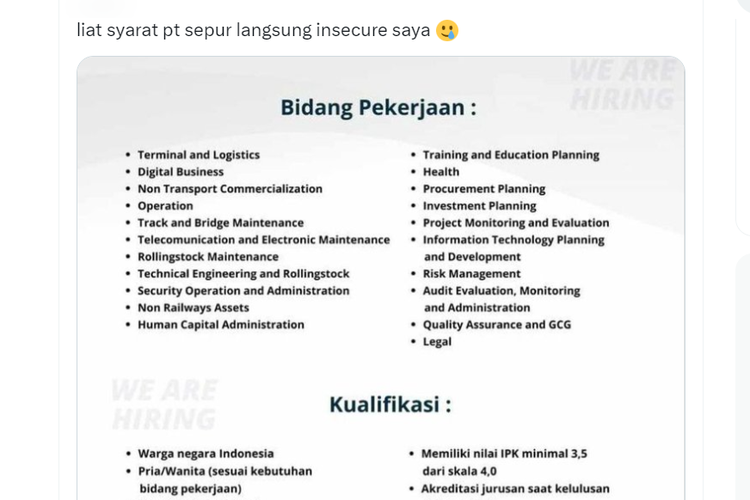 Warganet soroti persyaratan rekrutmen PT KAI berstandar tinggi