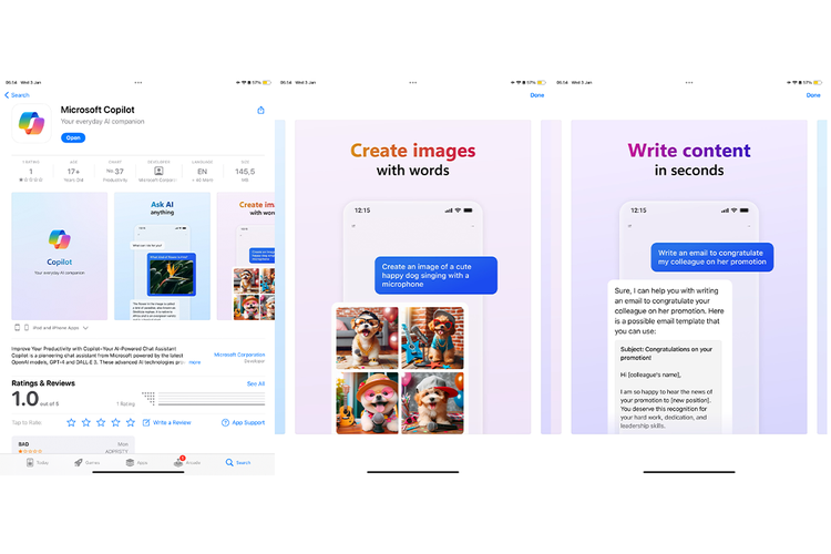 Aplikasi Microsoft Copilot kini sudah hadir dan dapat diunduh di iPad dan iPhone lewat toko aplikasi Apple App Store