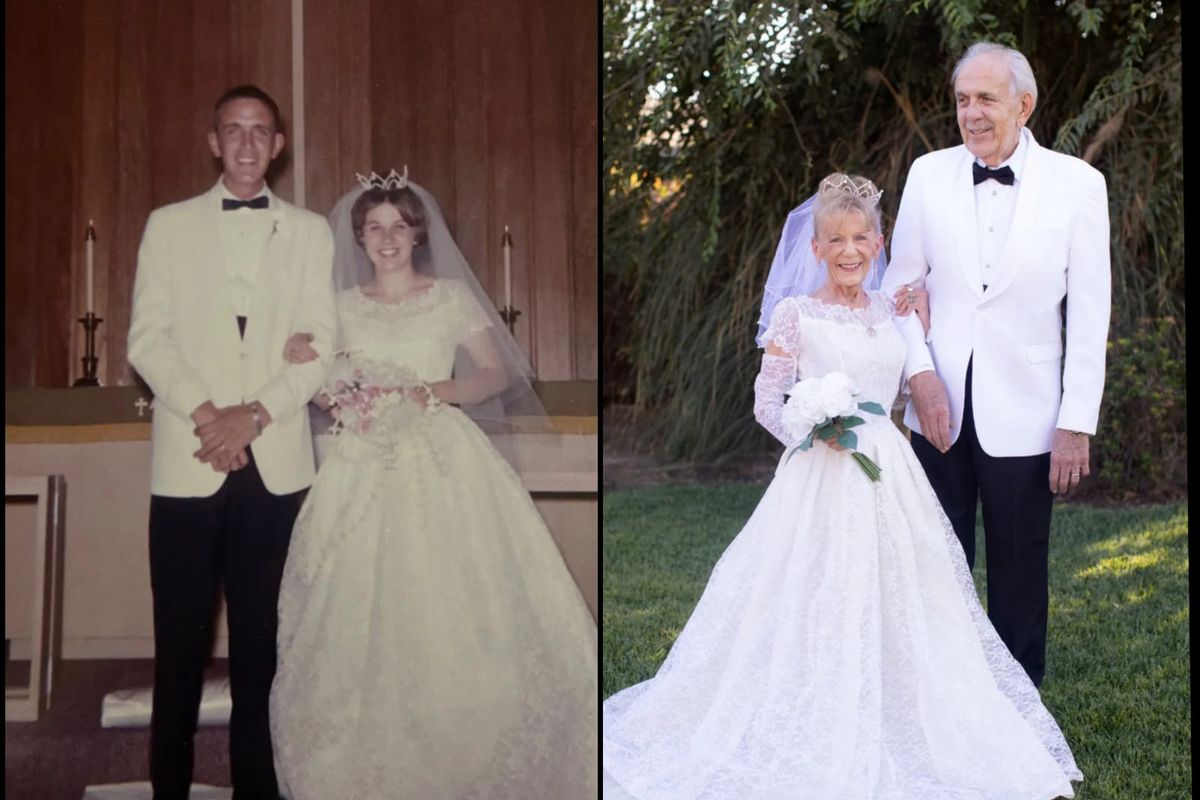 Karen dan Gary Ryan saat hari pernikahan mereka di bulan Juli 2962 (kiri), dan foto terbaru (kanan) yang mereka momen pernikahan mereka 59 tahun silam.