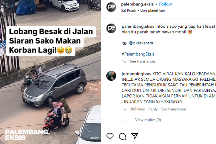 Grand Livina mengalami patah as roda akibat menabrak jalan berlubang.