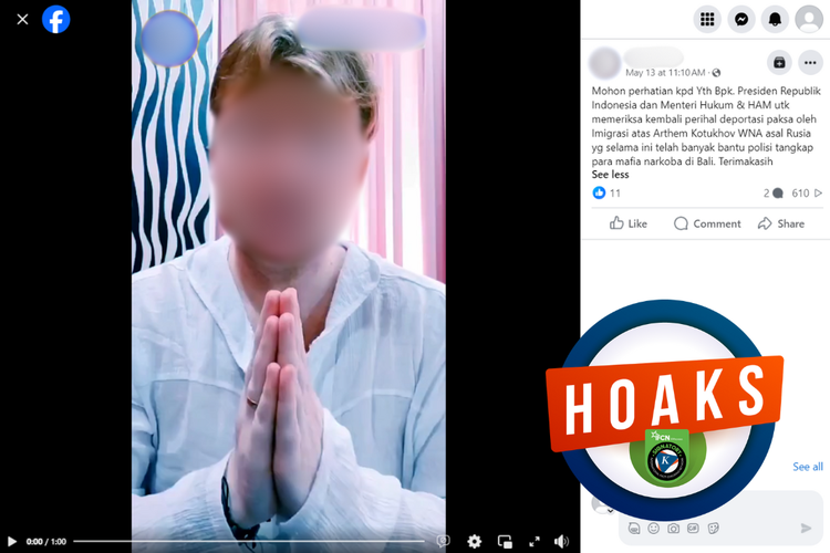 Tangkapan layar konten hoaks di sebuah akun Facebook, Senin (13/5/2024), mengenai pengakuan WN Rusia yang dideportasi karena membantu menangkap mafia narkoba.
