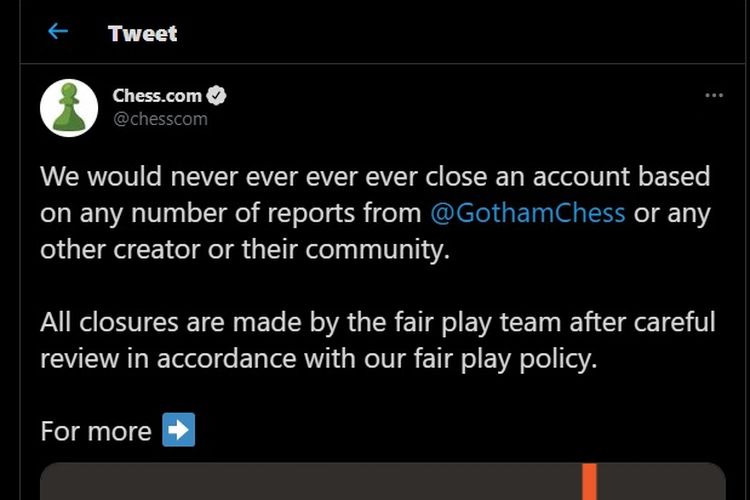 Screenshot of Chess.com's Twitter page explaining their decision to block Dadang Subur's (Dewa_Kipas) account 