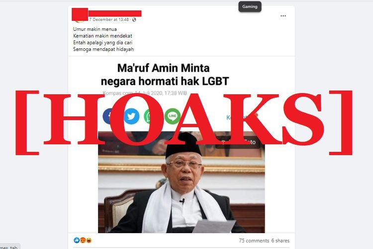 Tangkapan layar Facebook narasi yang menyebut bahwa Wapres Ma'ruf Amin meminta negara menghormati hak LGBT