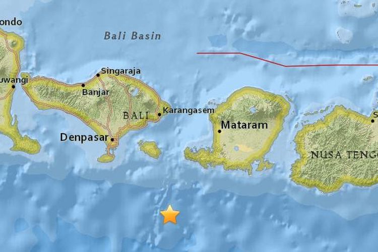 Gempa bermagnitudo 5,2 terjadi di perairan selatan antara Bali dan NTB, Minggu (12/2/2017).