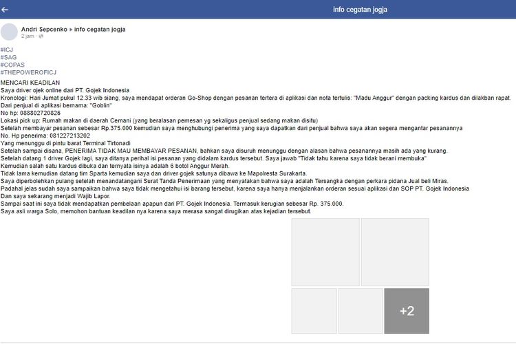 Tangkapan layar unggahan driver Gojek yang mengaku ditangkap polisi lantaran mengantarkan pesanan aplikasi yang tertulis Madu Anggur.