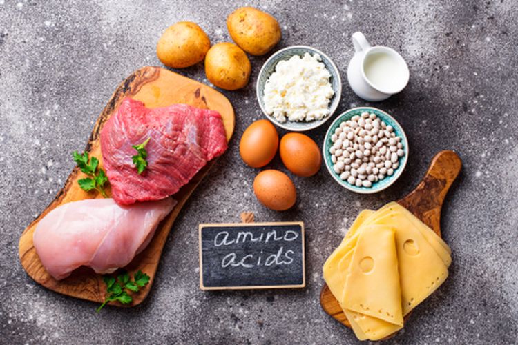 Ilustrasi asam amino esensial. Asam amino esensial terkandung dalam berbagai makanan, tetapi yang paling lengkap ada di makanan sumber protein hewani. Fungsinya untuk mencegah stunting pada anak.