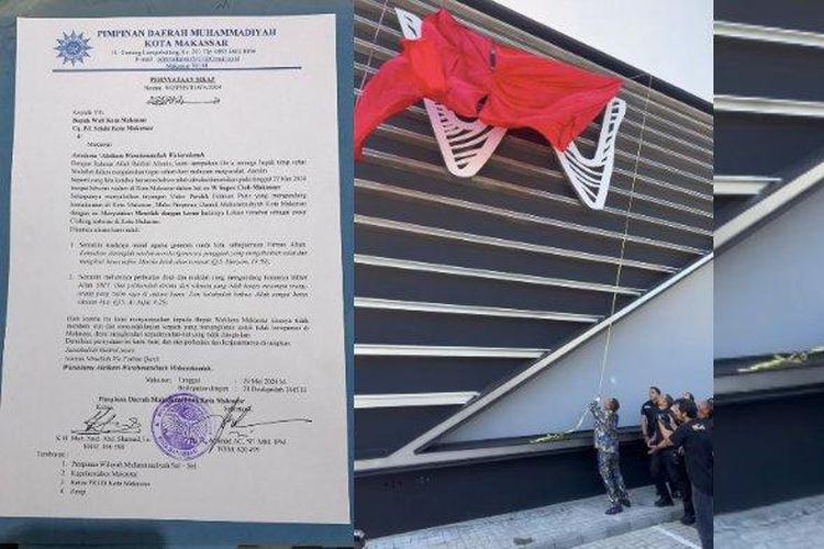 Kolase foto pernyataan sikap Muhammadiyah menolak W Superclub dan momen saat Hotman Paris meresmikan W Superclub Makassar, Senin (27/5/2024). 
