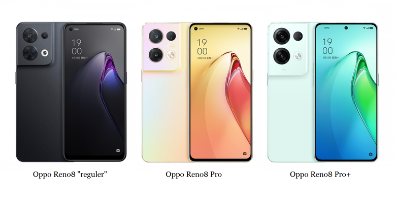 Perbandingan tampang Oppo Reno8 reguler, Reno8 Pro, dan Reno8 Pro+.