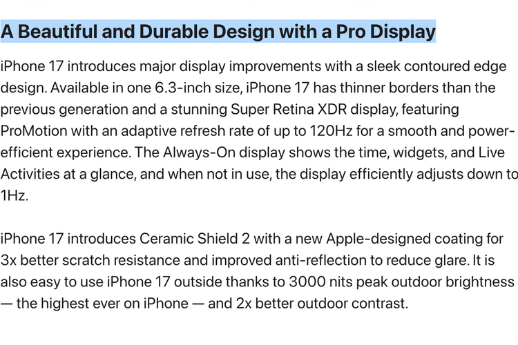 Pengumuman Apple tentang iPhone 17 yang menonjolkan kehadiran fitur ProMotion Display atau layar dengan refresh rate 120 Hz.