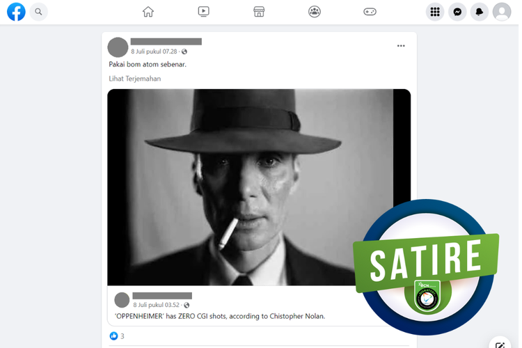 Tangkapan layar unggahan satire di sebuah akun Facebook, 8 Juli 2023, yang menyebut Christopher Nolan menggunakan bom atom sungguhan dalam film Oppenheimer.