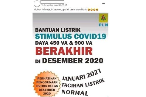 Ramai soal Stimulus Listrik PLN 450 dan 900 VA Disebut Berakhir pada Desember 2020, Benarkah?