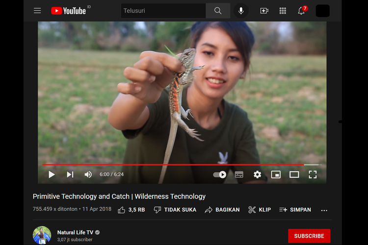 Tangkapan layar kanal YouTube Natural Life TV, menampilkan Ah Lin Tuch, seorang Youtuber asal Kamboja yang memegang seekor reptil.