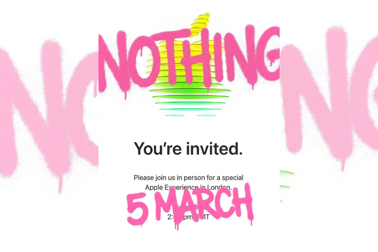 Undangan acara Apple yang dicorat-coret Nothing untuk menandai jadwal peluncuran produk terbarunya.