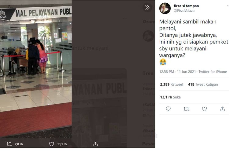 Tangkapan layar Twit soal petugas Siola yang makan pentol saat bertugas