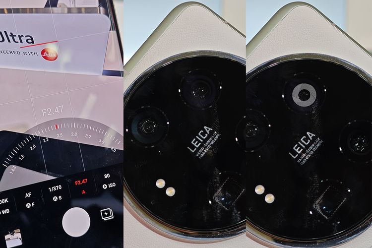 Opsi pengaturan aperture lensa kamera utama di mode Pro aplikasi kamera Xiaomi 14 Ultra (kiri) serta kamera utama dalam keadaan lensa di bukaan terlebar f/1.63 (tengah) dan bukaan f/2.47 (kanan) yang menampakkan bilah aperture.