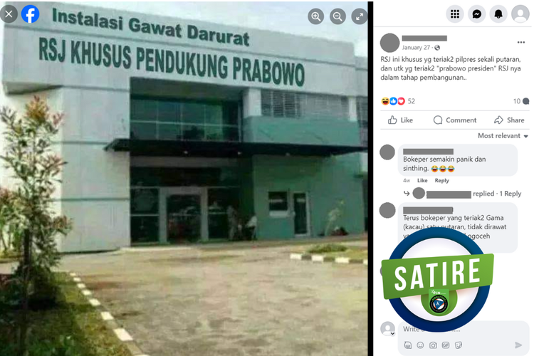 Tangkapan layar konten satire di sebuah akun Facebook, 12 Februari 2024, soal foto gedung RSJ khusus pendukung Prabowo.