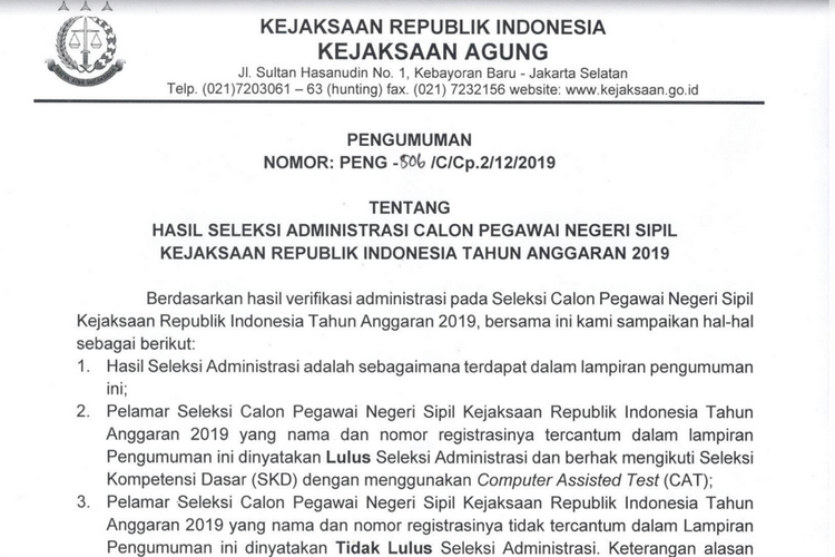 Hasil seleksi administrasi CPNS 2019 Kejaksaan Agung.