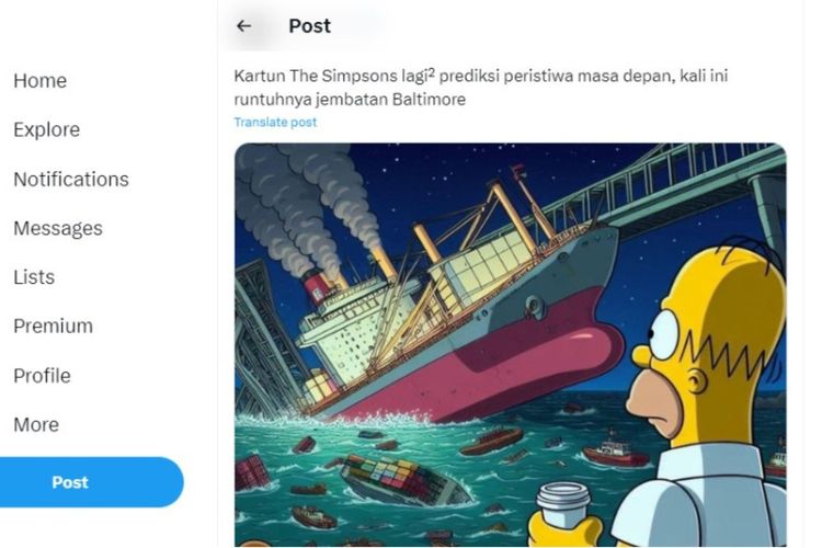 Tangkapan layar adegan The Simpsons prediksi jembatan Baltimore runtuh