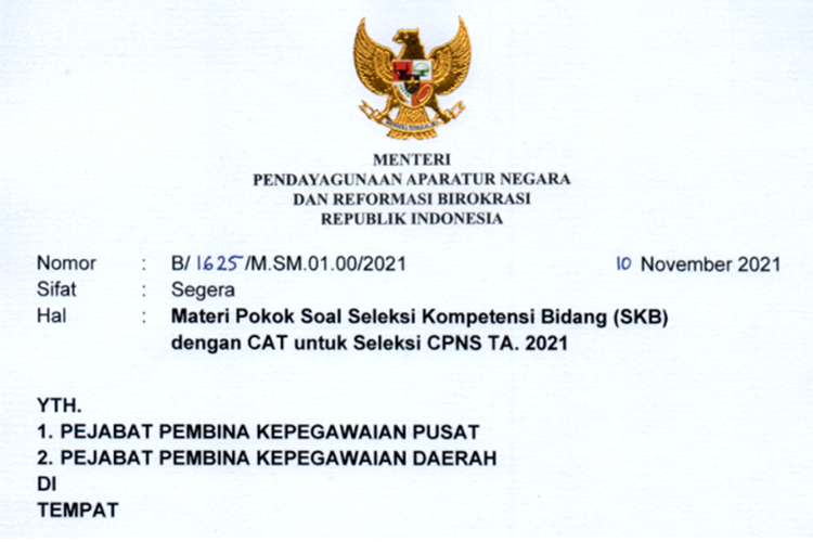 Tangkapan layar Surat Nomor B/1625/M.SM.01.00/2021 Tentang Materi Pokok Soal SKB dengan CAT.