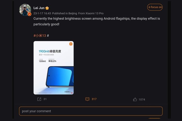 Screenshot postingan pendiri Xiaomi di Weibo