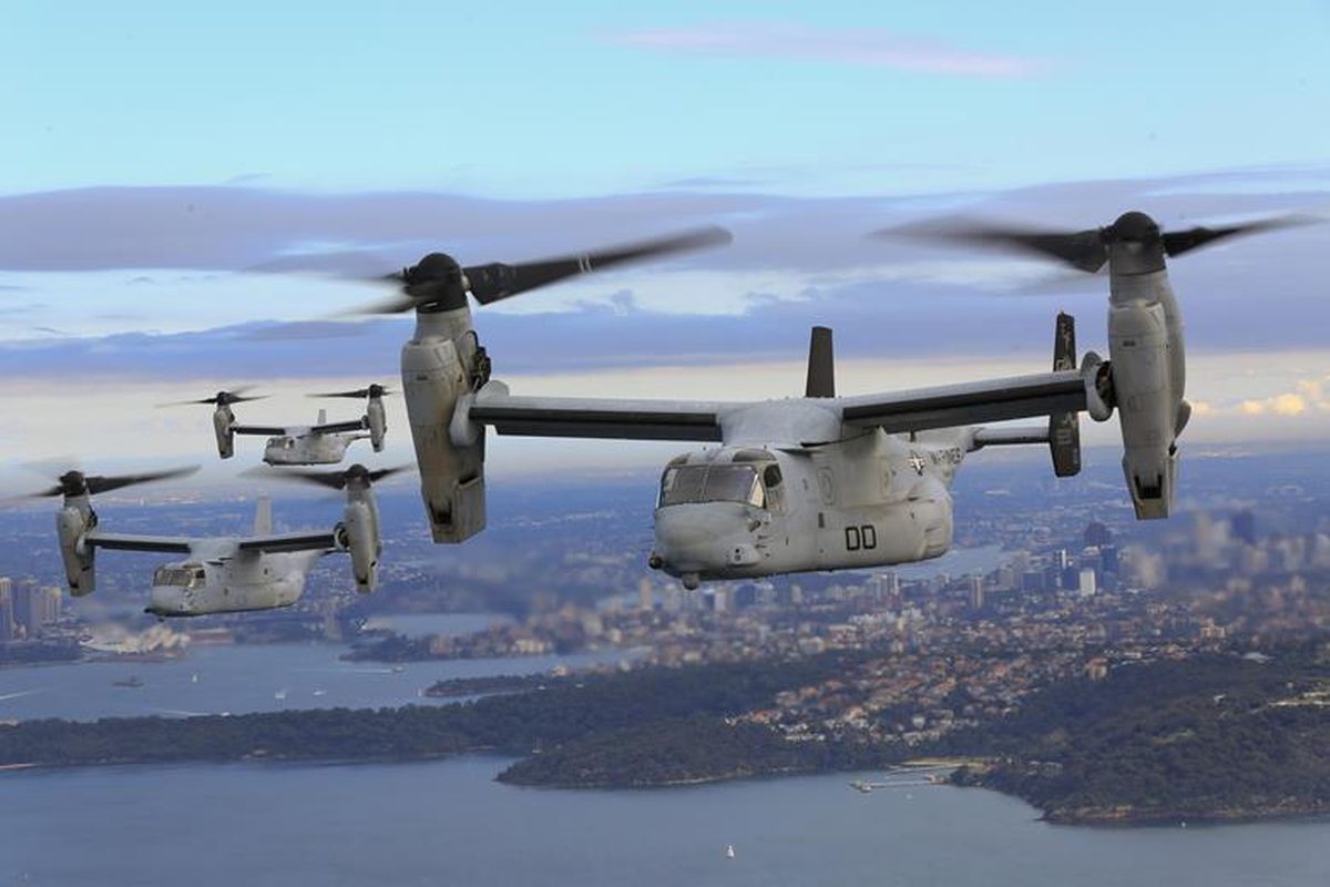 Helikopter tiltrotor MV-22 Osprey yang dioperasikan oleh Marinir AS.