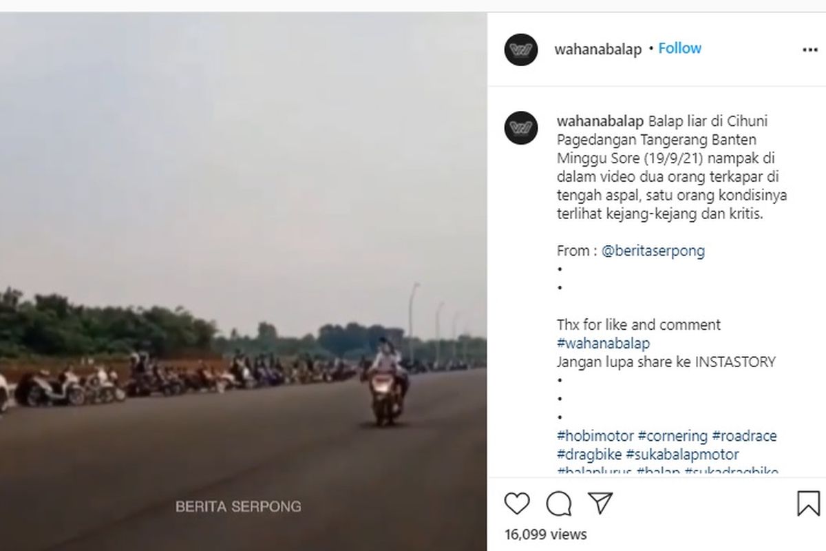Aksi balap liar sepeda motor yang berujung pada terjadinya kecelakaan terjadi di kawasan Jalan Grand Boulevard BSD, Cihuni, Pagedangan, Tangerang.