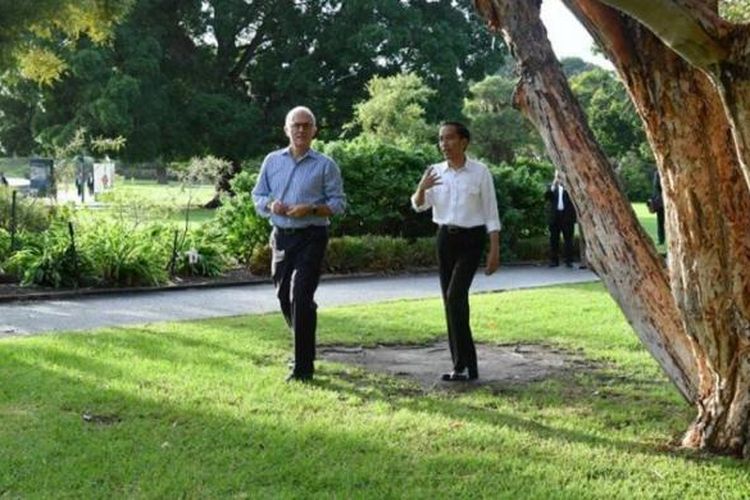 Presiden Joko Widodo berjalan pagi di Royal Botanic Garden Sydney bersama PM Malcolm Turnbull, berbincang santai sambil menyapa warga Australia.