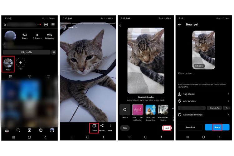 Cara membuat Reels Instagram instan menggunakan fitur Create di highlights Instagram.