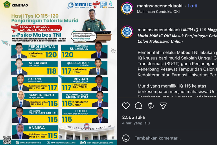 11 Siswa MAN IC OKI Punya IQ 115-120, Lolos Unhan dan Calon Pilot TNI