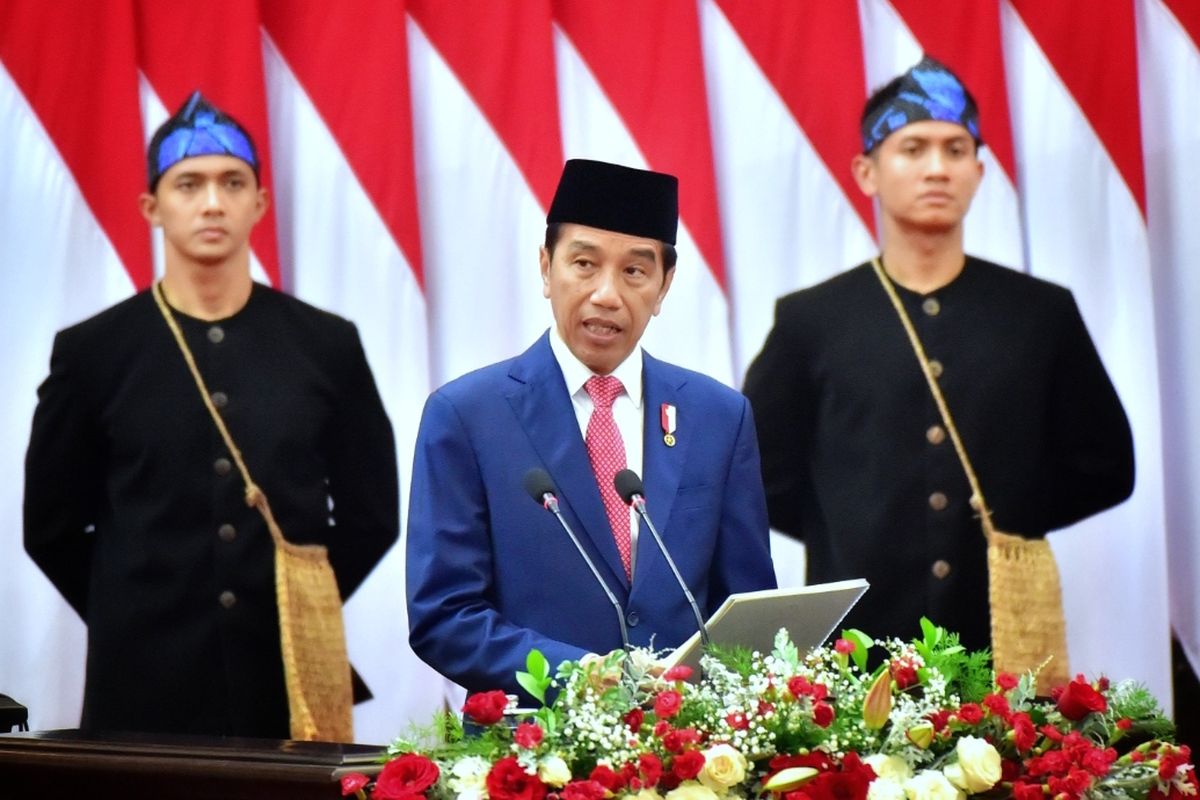 Presiden Joko Widodo saat menyampaikan pidato Rancangan Undang-undang (RUU) APBN 2024 di Kompleks Parlemen, Senayan, Jakarta, Rabu (16/8/2023).