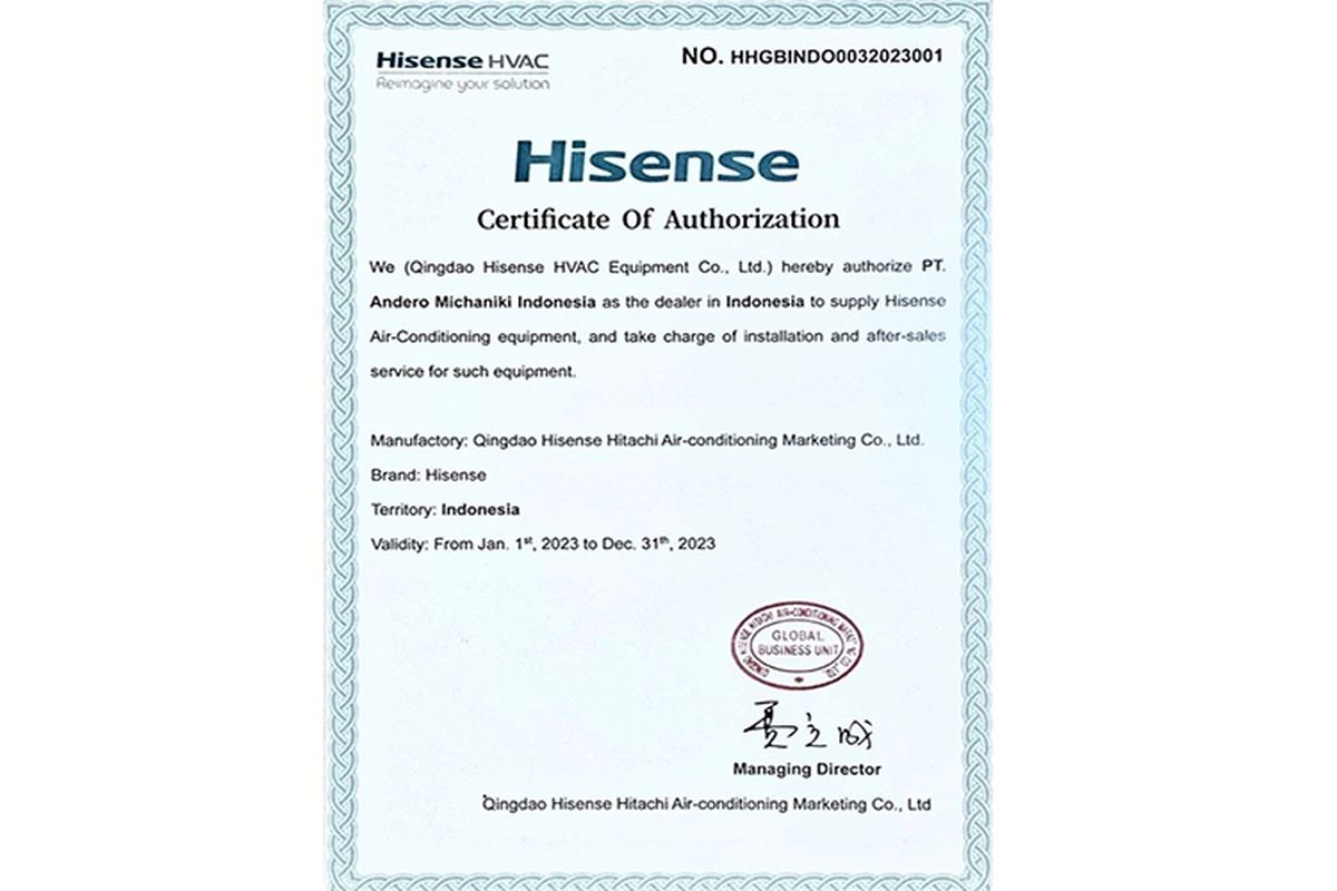 PT Andero Michaniki Indonesia dipercaya oleh Qingdao Hisense HVAC Equipment Co Ltd untuk menjadi authorized dealer untuk produk AC dan Pendingin Inverter Sentrifugal Magnetik Hisense. 